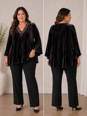 Chico's 3 Silk Blend Embellished Velvet Tunic top- Dark Brown Size XL